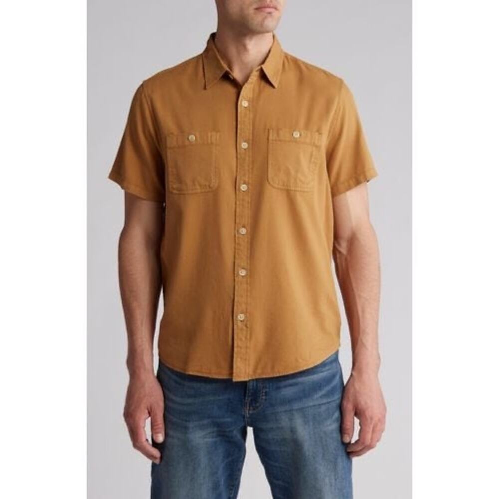 NWT Lucky Brand Short Sleeve Button Up Shirt Brown XL Capsule Wardrobe Casual